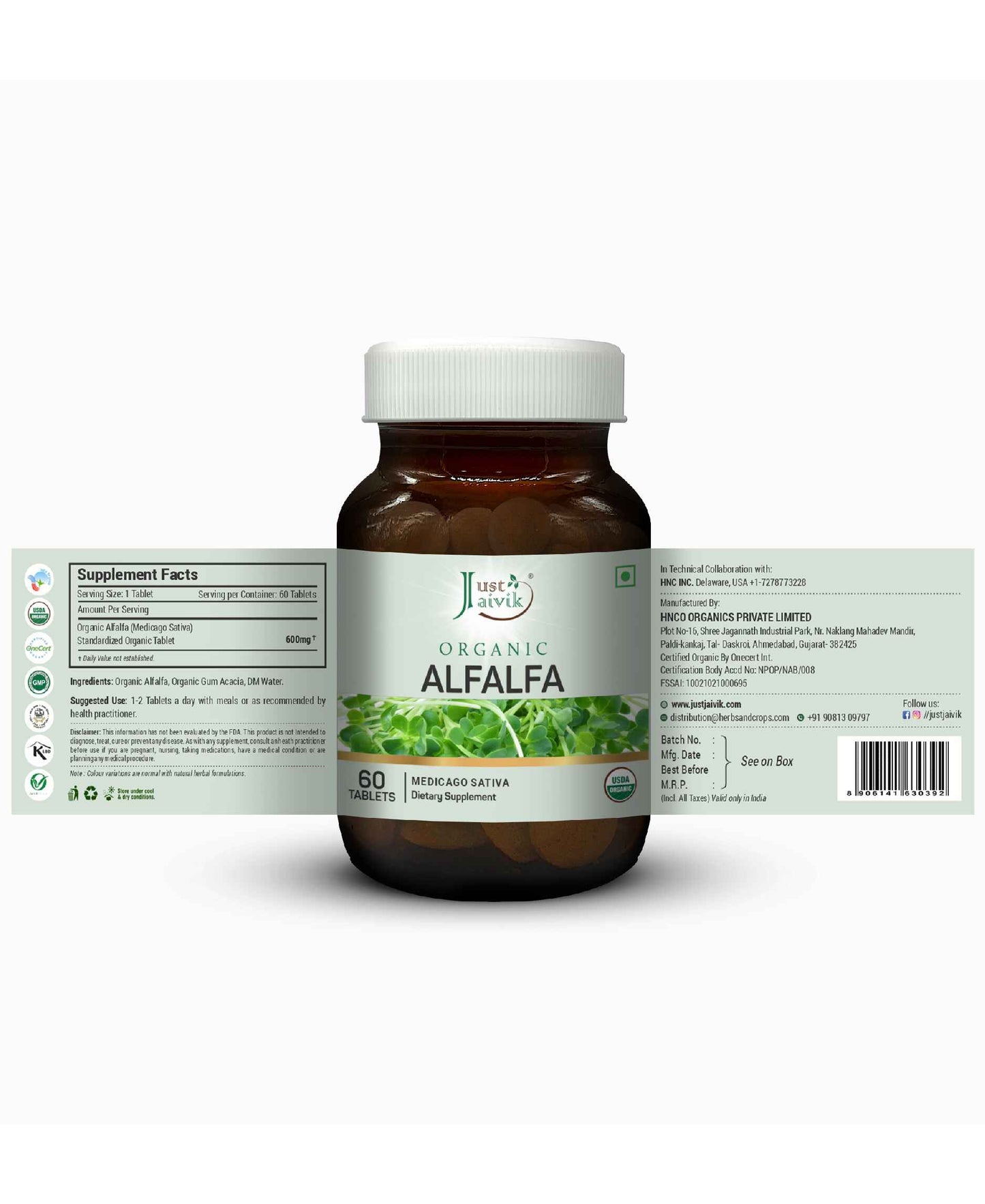 Just Jaivik Organic Alfalfa Tablets - 600mg, 60 tablets - HNW GLOBAL
