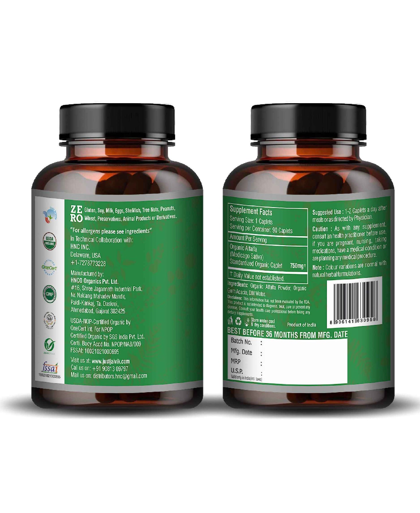 Just Jaivik Organic Alfalfa Caplet - 750mg, 90 count - HNW GLOBAL