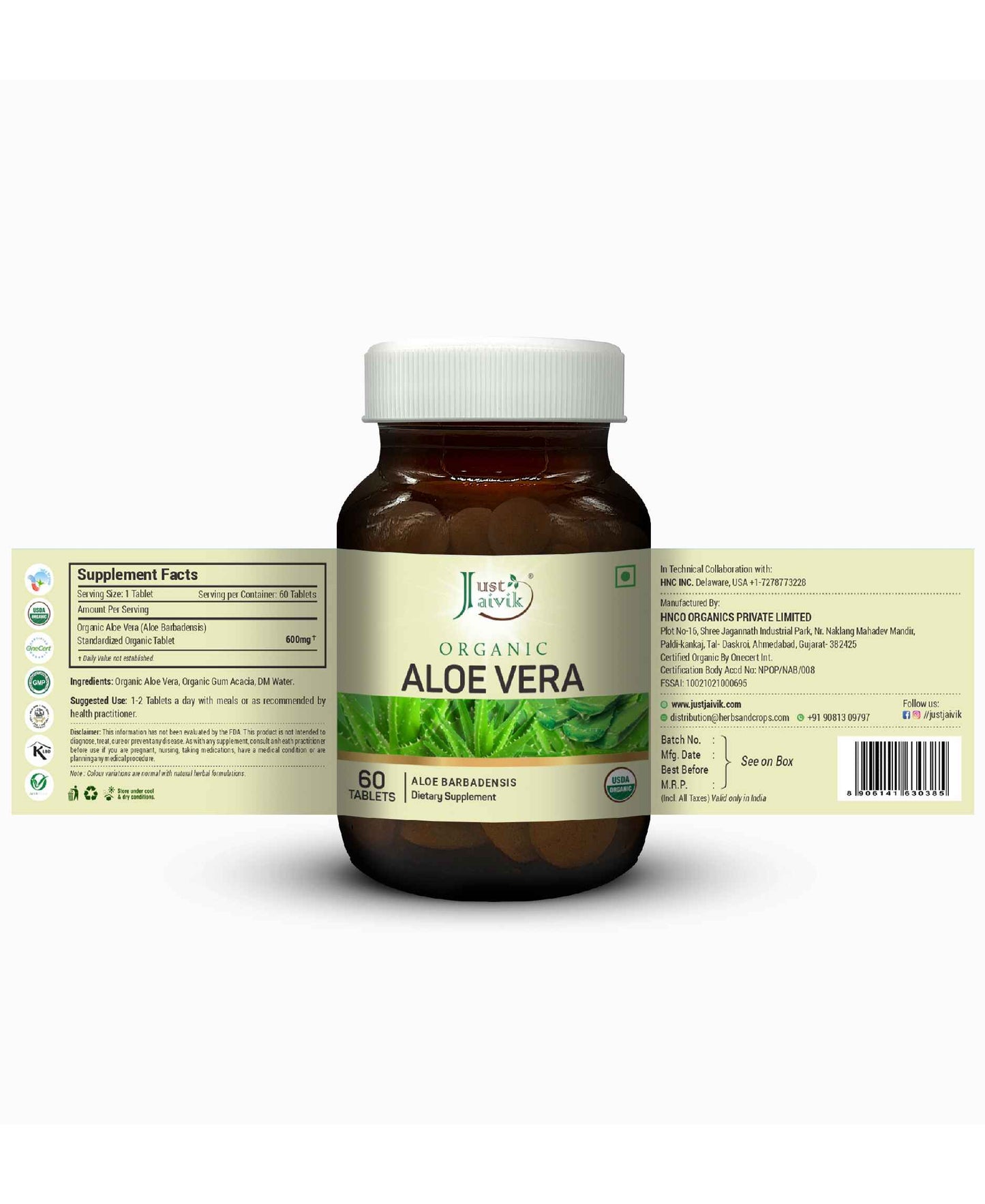 Just Jaivik Organic Aloe Vera Tablets - 600mg, 60 Tablets - HNW GLOBAL