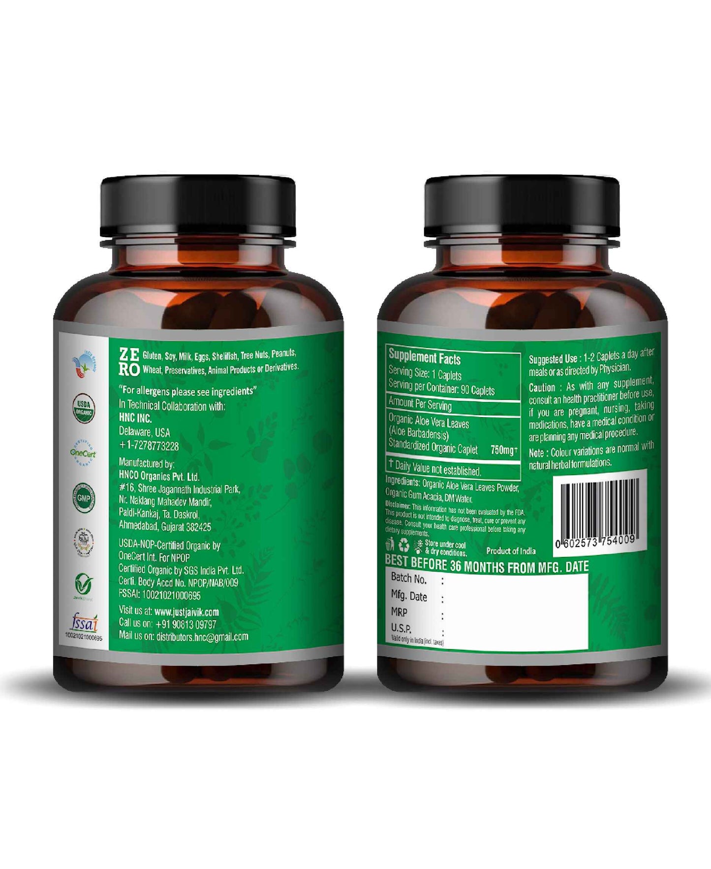 Just Jaivik Organic Aloe Vera Caplet - 750mg, 90 count - HNW GLOBAL