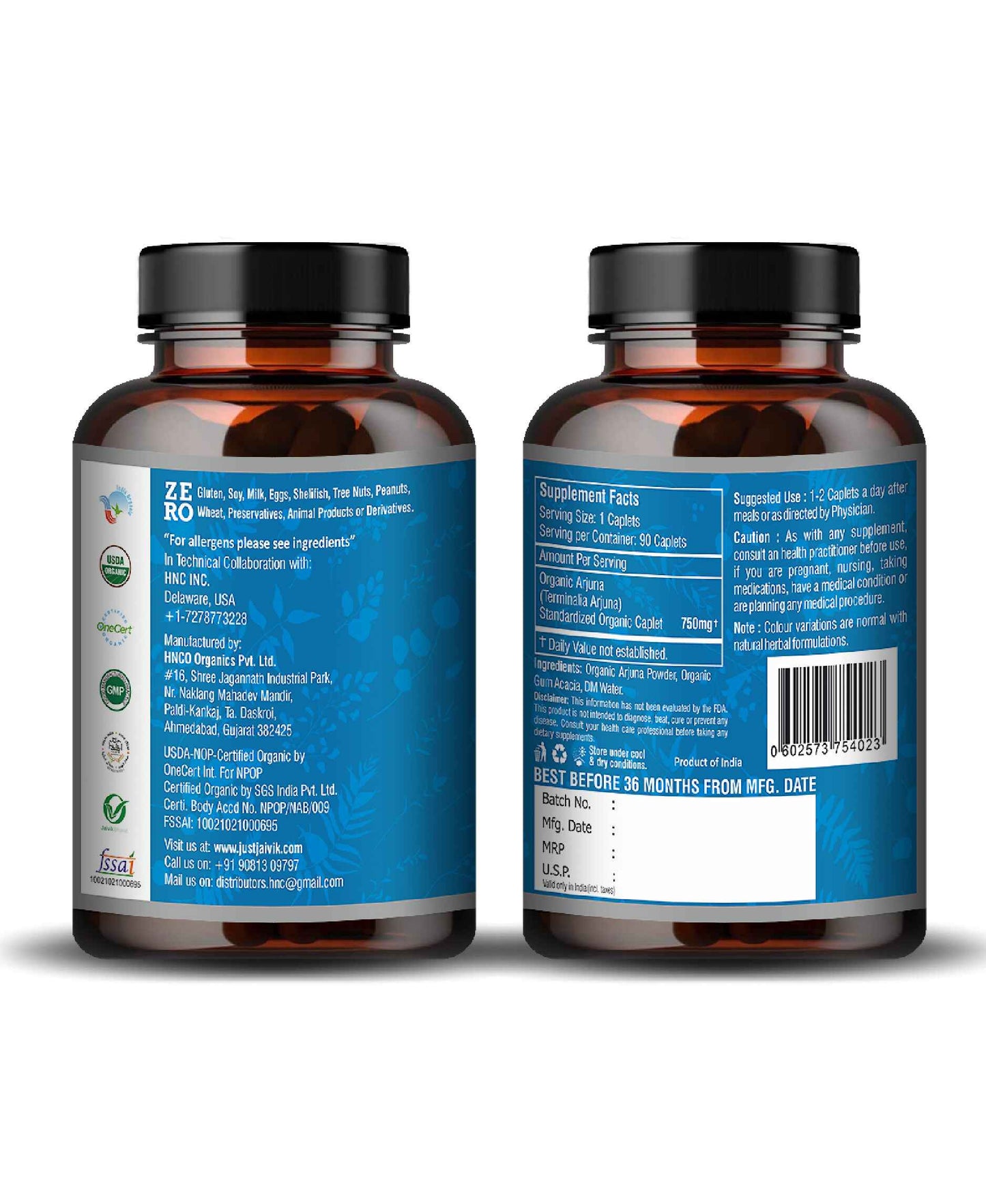 Just Jaivik Organic Arjuna Caplet - 750mg, 90 count - HNW GLOBAL