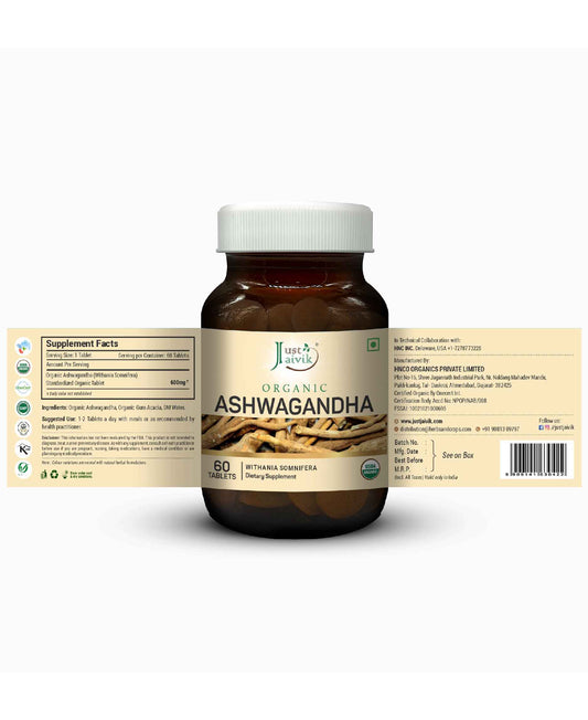 Just Jaivik Organic Ashwagandha Tablets - 600mg, 60 Tablets - HNW GLOBAL