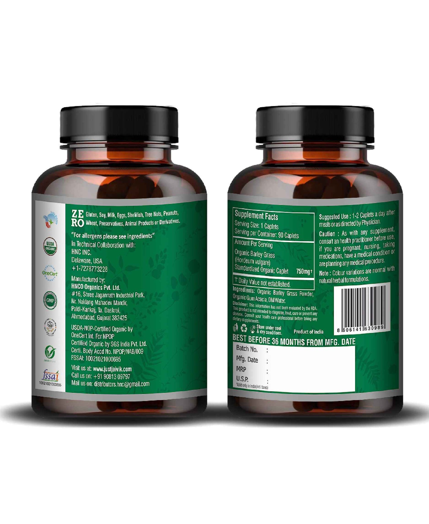 Just Jaivik Organic Barley Grass Caplet - 750mg, 90 count - HNW GLOBAL