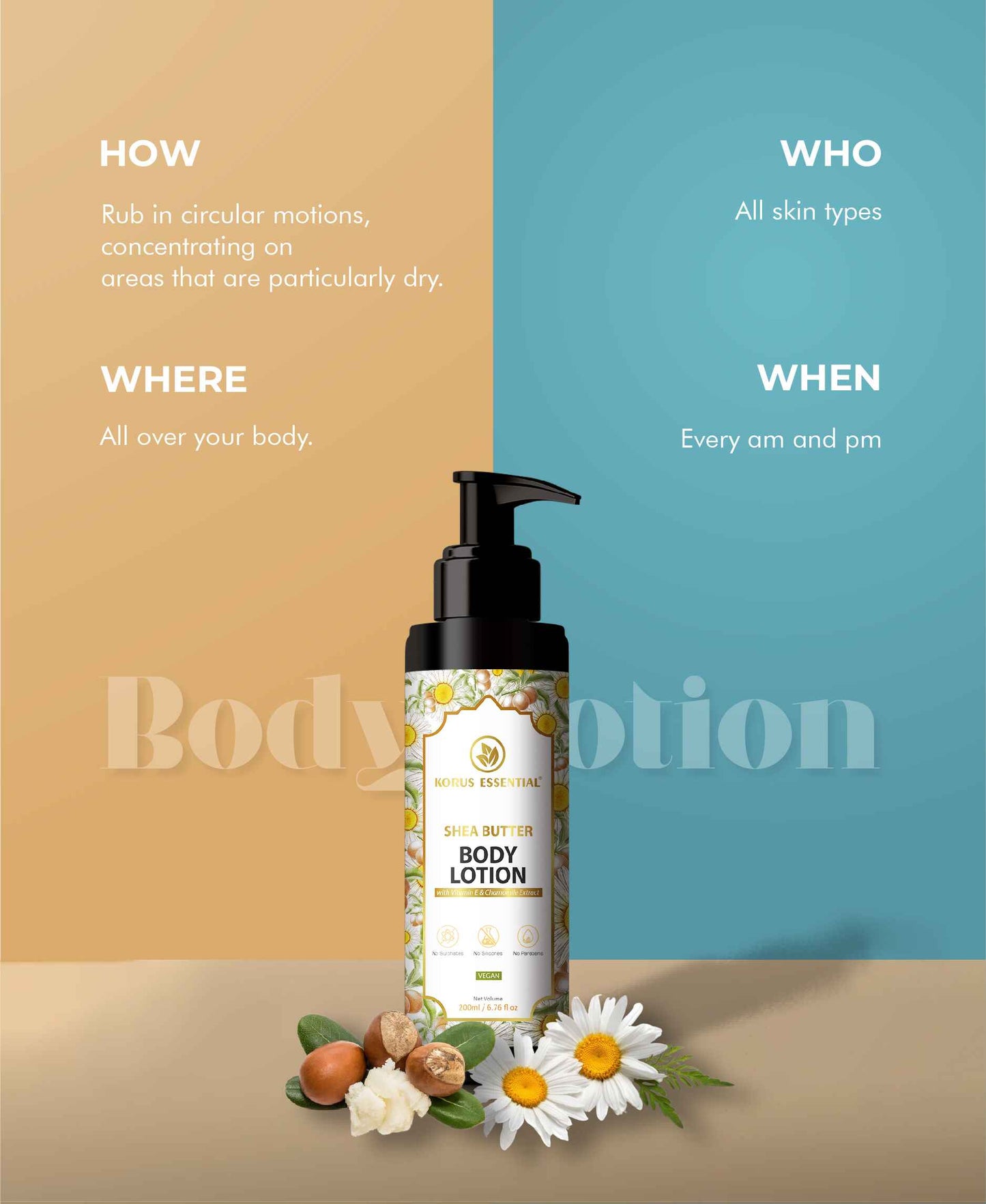 Korus Essential Shea Butter Body Lotion with Vitamin E and Chamomile Extract