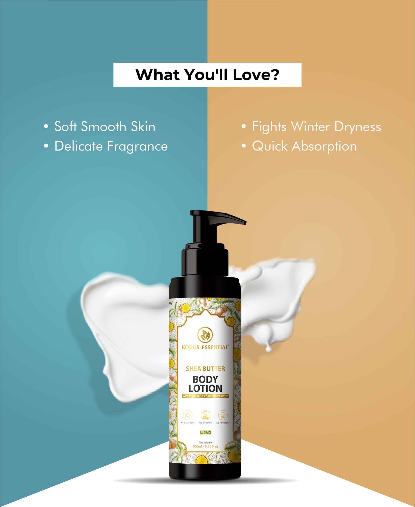 Korus Essential Shea Butter Body Lotion with Vitamin E and Chamomile Extract