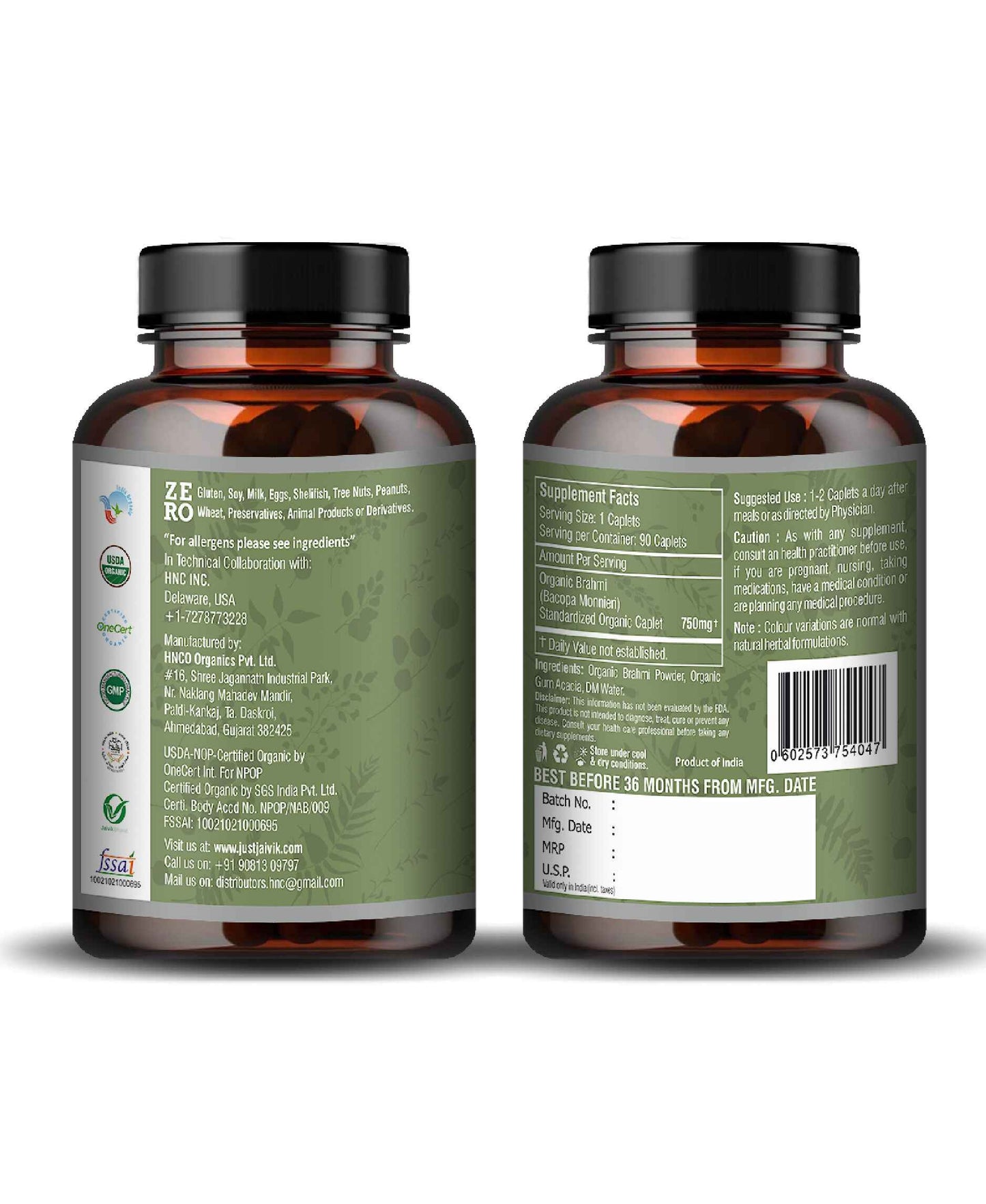 Just Jaivik Organic Brahmi Caplet - 750mg, 90 count - HNW GLOBAL