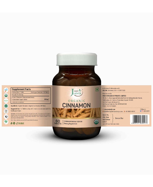 Just Jaivik Organic Cinnamon Tablets - 600mg, 60 Tablets - HNW GLOBAL