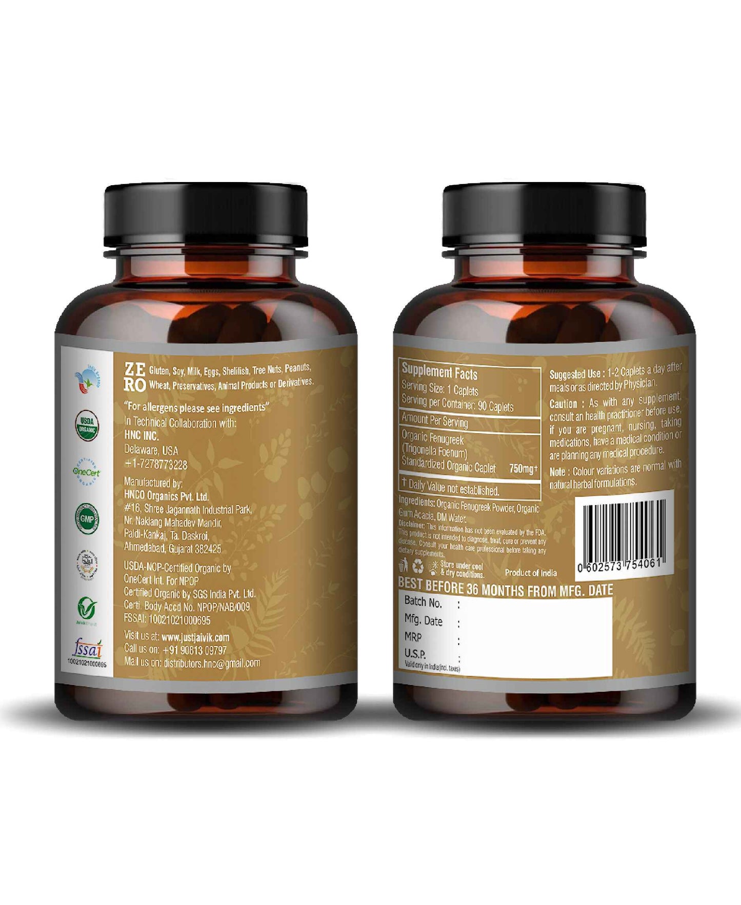 Just Jaivik Organic Fenugreek Caplet - 750mg, 90 count - HNW GLOBAL