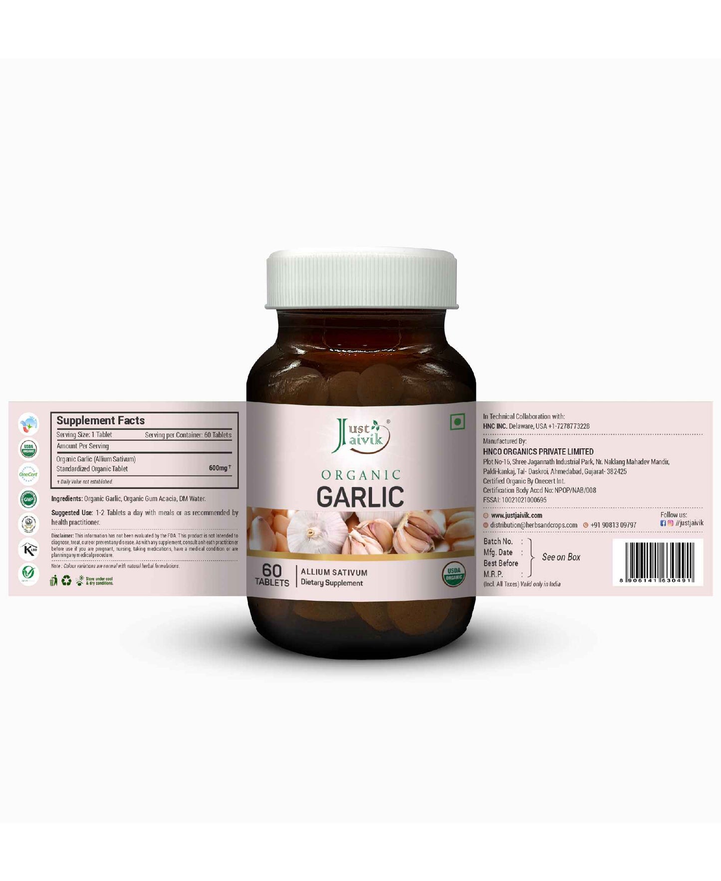 Just Jaivik Organic Garlic Tablets - 600mg, 60 Tablets - HNW GLOBAL