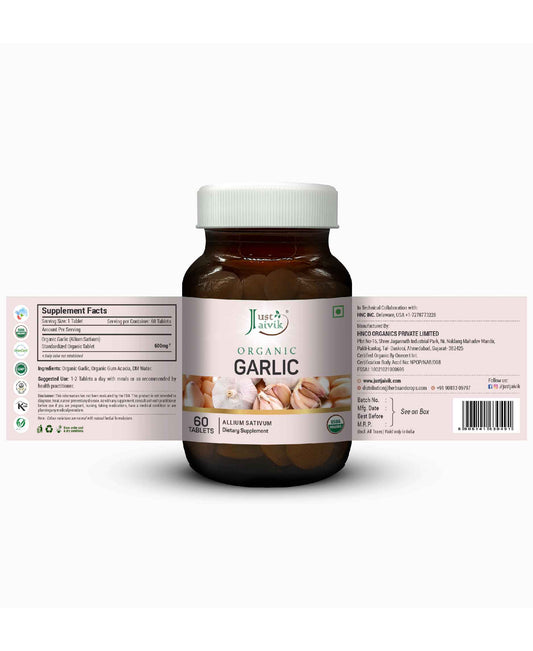 Just Jaivik Organic Garlic Tablets - 600mg, 60 Tablets - HNW GLOBAL