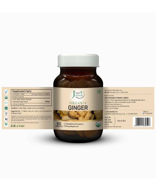 Just Jaivik Organic Ginger Tablets - 600mg, 60 Tablets - HNW GLOBAL