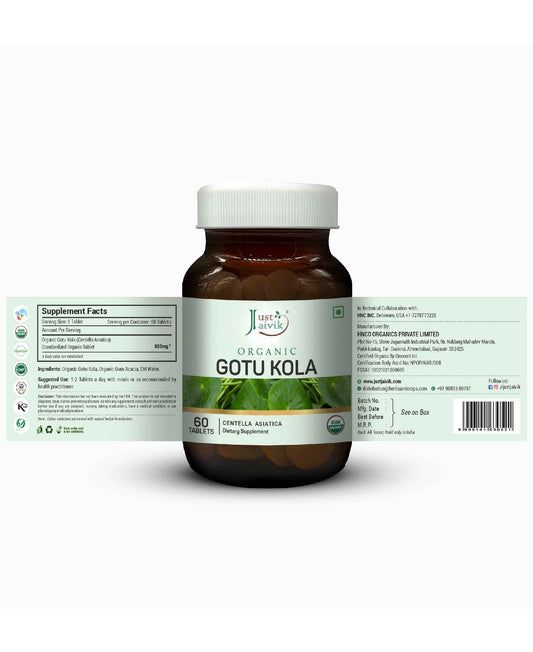 Just Jaivik Organic Gotu Kola Tablets - 600mg, 60 Tablets - HNW GLOBAL