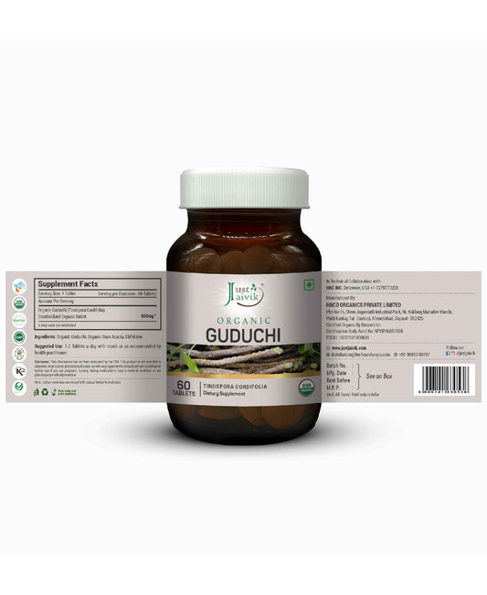 Just Jaivik Organic Guduchi / Giloy Tablets - 600mg, 60 Tablets - HNW GLOBAL