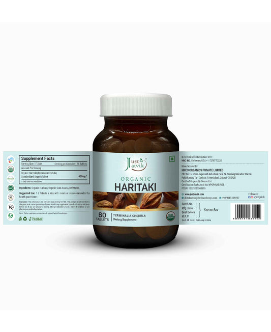 Just Jaivik Organic Haritaki Tablets - 600mg, 60 Tablets - HNW GLOBAL