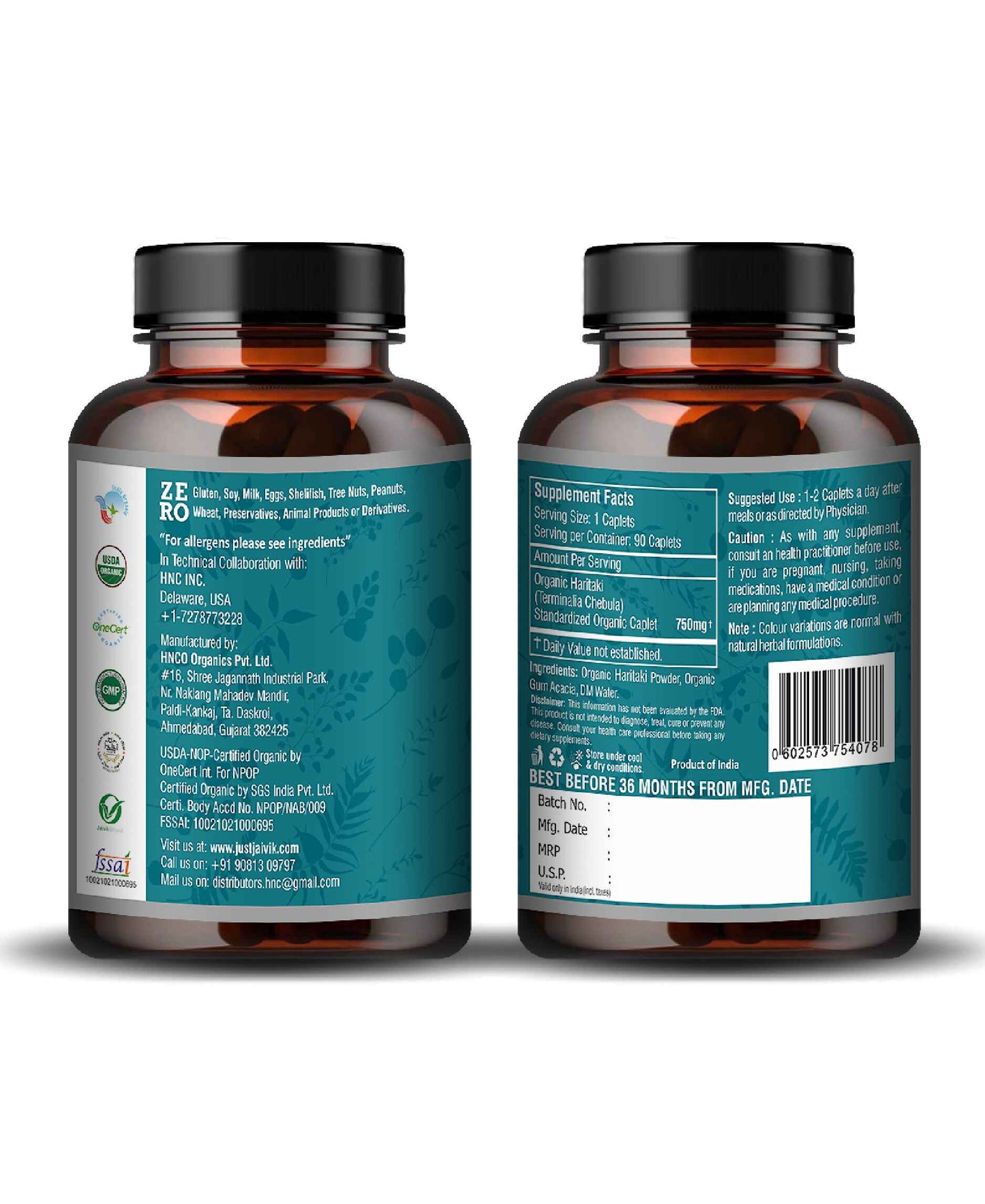 Just Jaivik Organic Haritaki Caplet - 750mg, 90 count - HNW GLOBAL