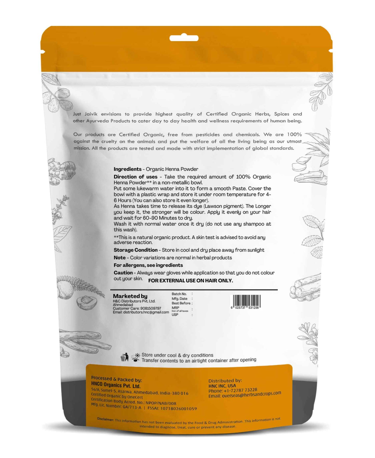 Just Jaivik Organic Henna Powder - 100gm