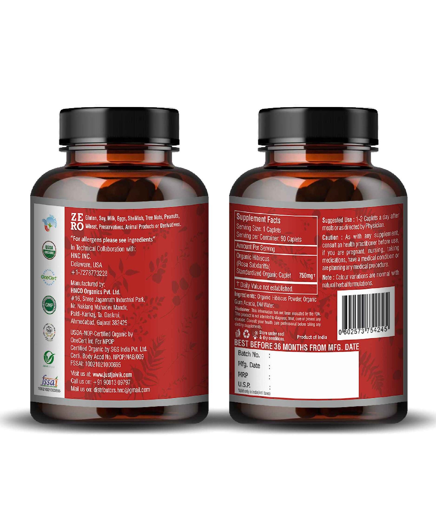 Just Jaivik Organic Hibiscus Caplet - 750mg, 90 count - HNW GLOBAL