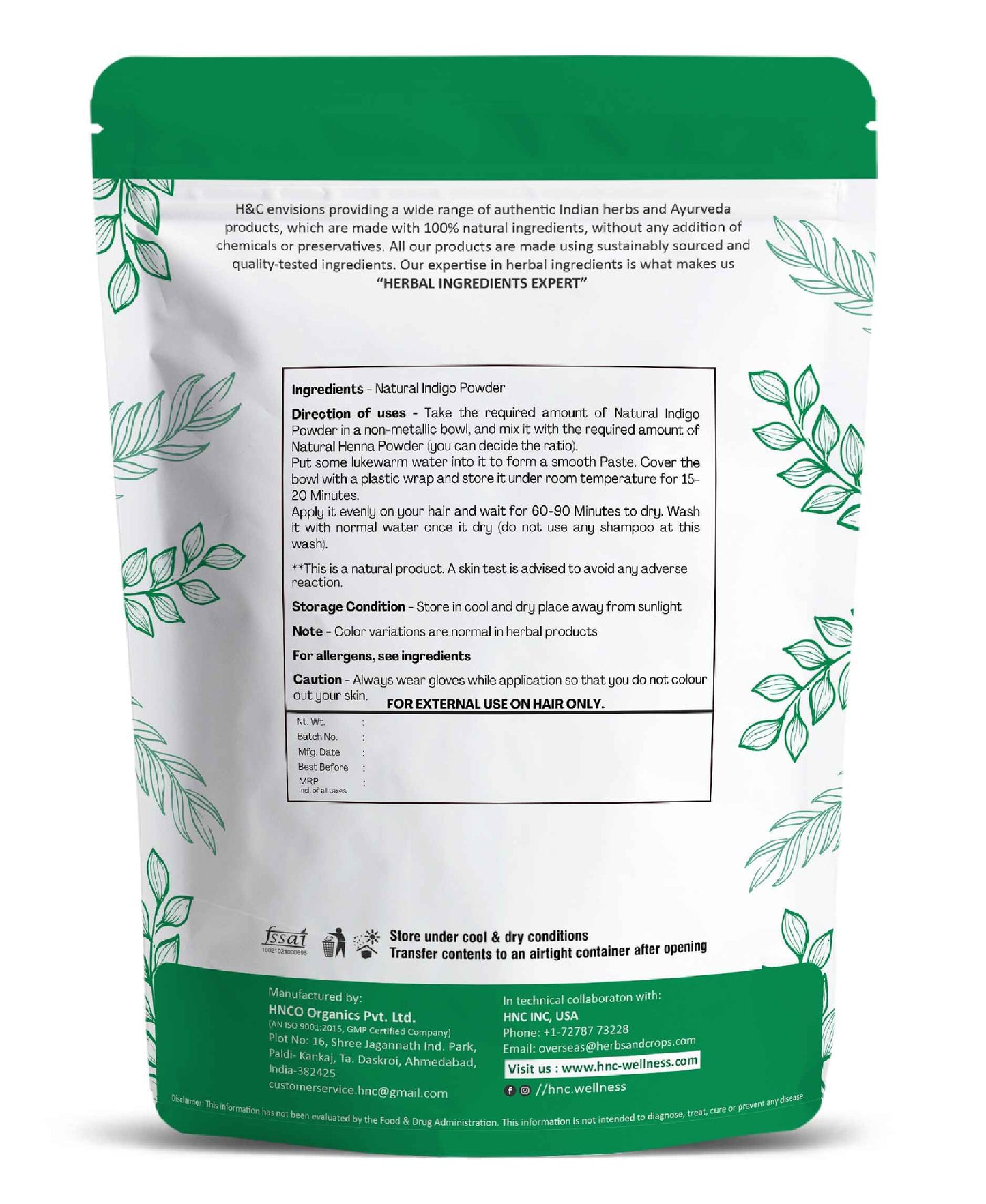 H&C Natural Indigo Powder / Indigofera Tinctoria - 100gm