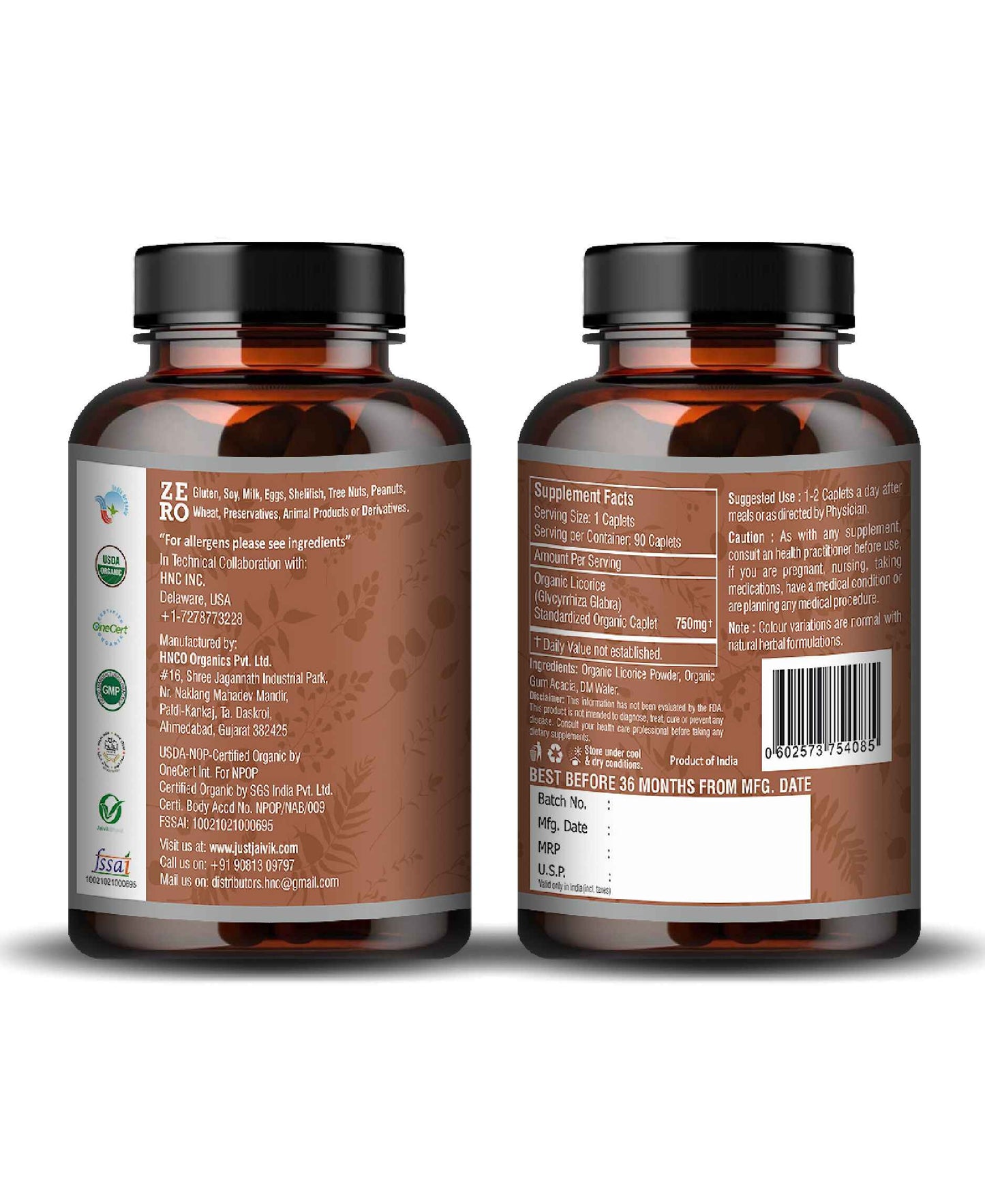 Just Jaivik Organic Licorice Caplet - 750mg, 90 count - HNW GLOBAL