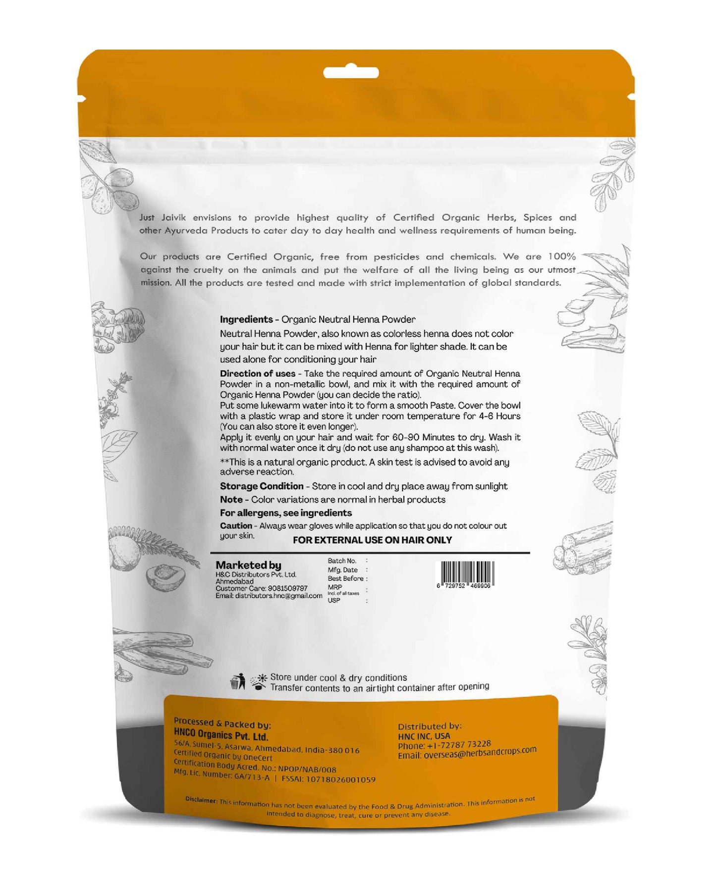 Just Jaivik Organic Neutral Henna Powder - 100gm