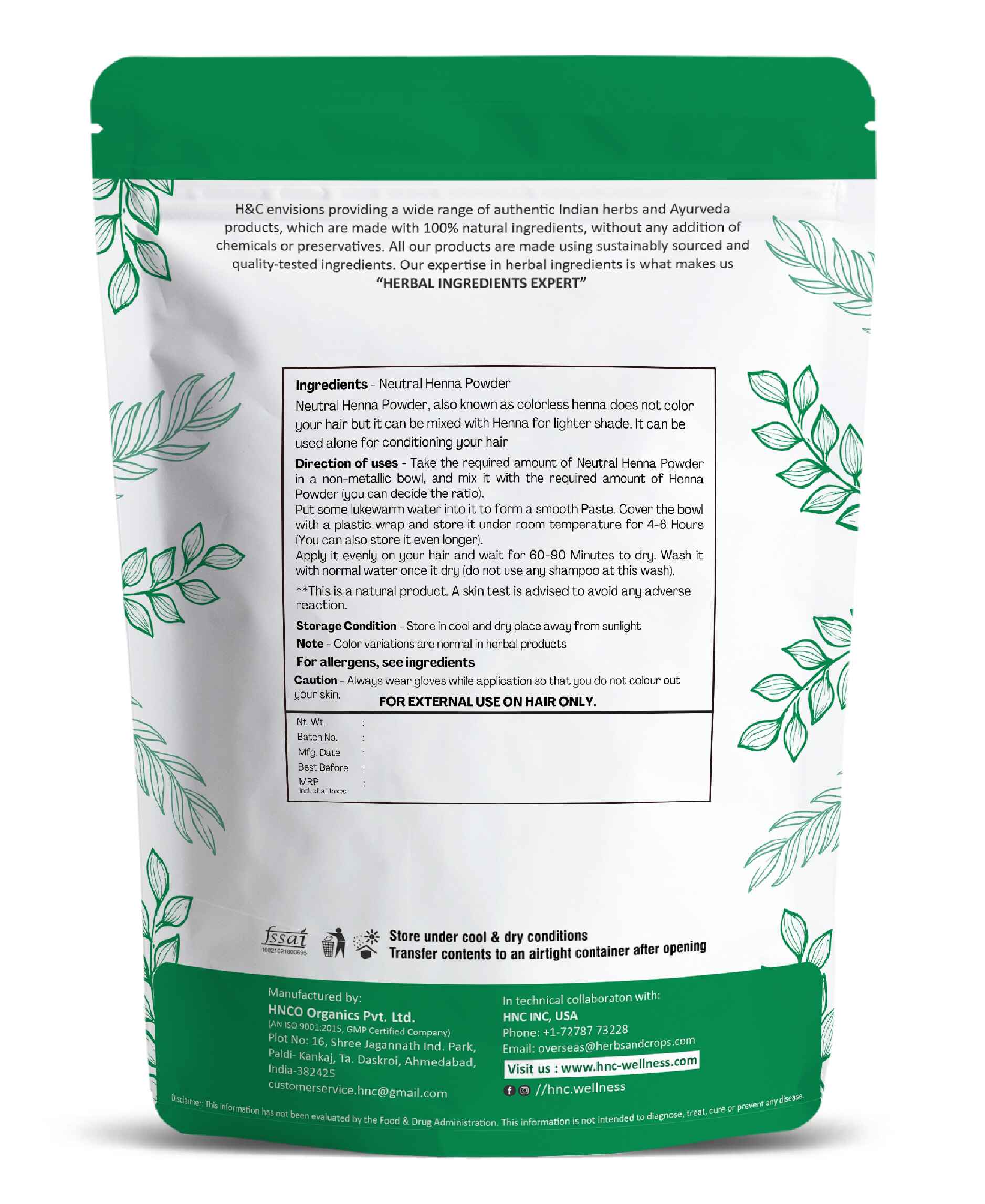 H&C Natural Neutral Henna Powder / Cassia Obovata - 100gm - HNW GLOBAL