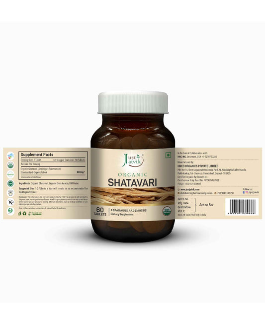 Just Jaivik Organic Shatavari Tablets - 600mg, 60 Tablets - HNW GLOBAL