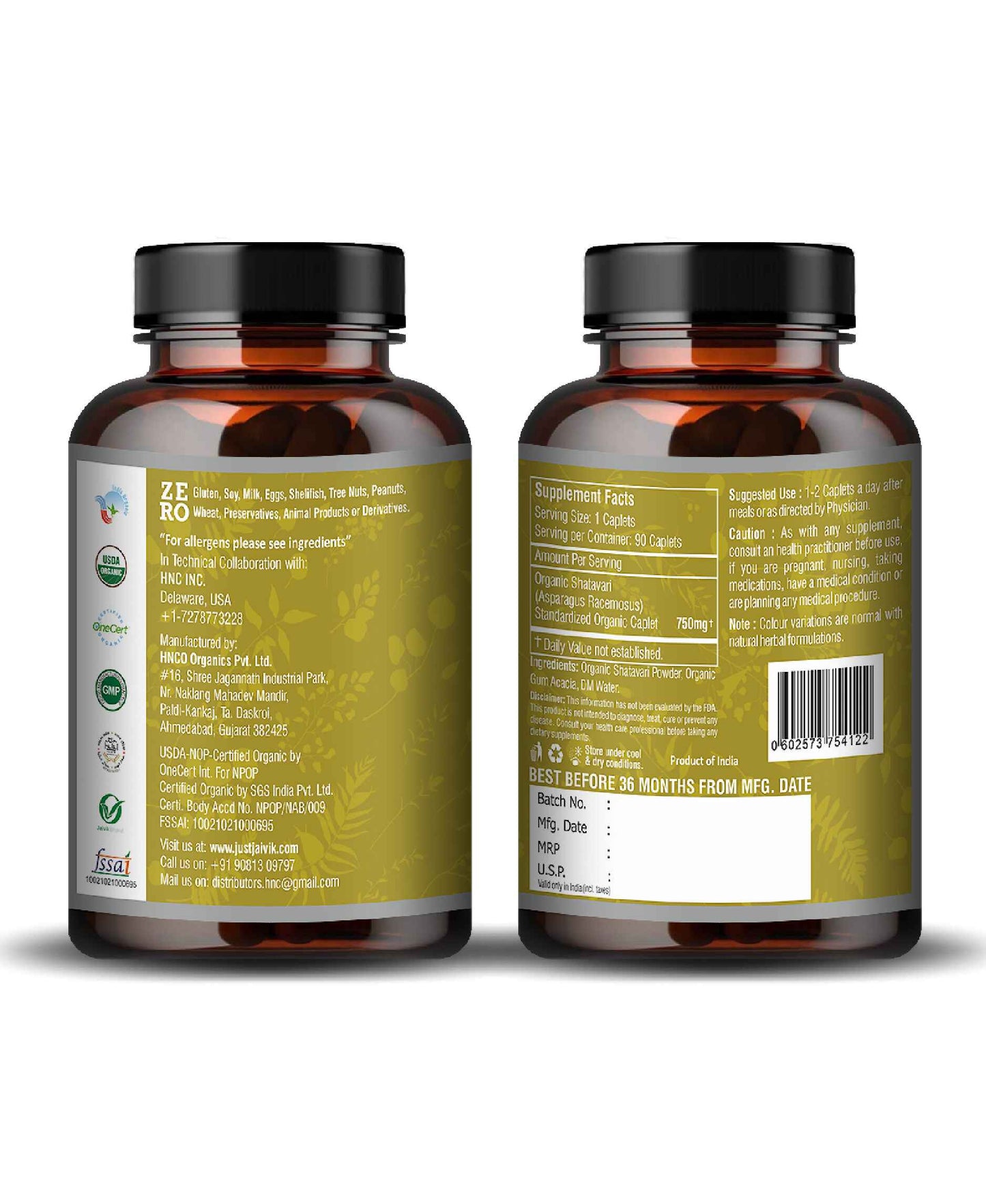 Just Jaivik Organic Shatavari Caplet - 750mg, 90 count - HNW GLOBAL