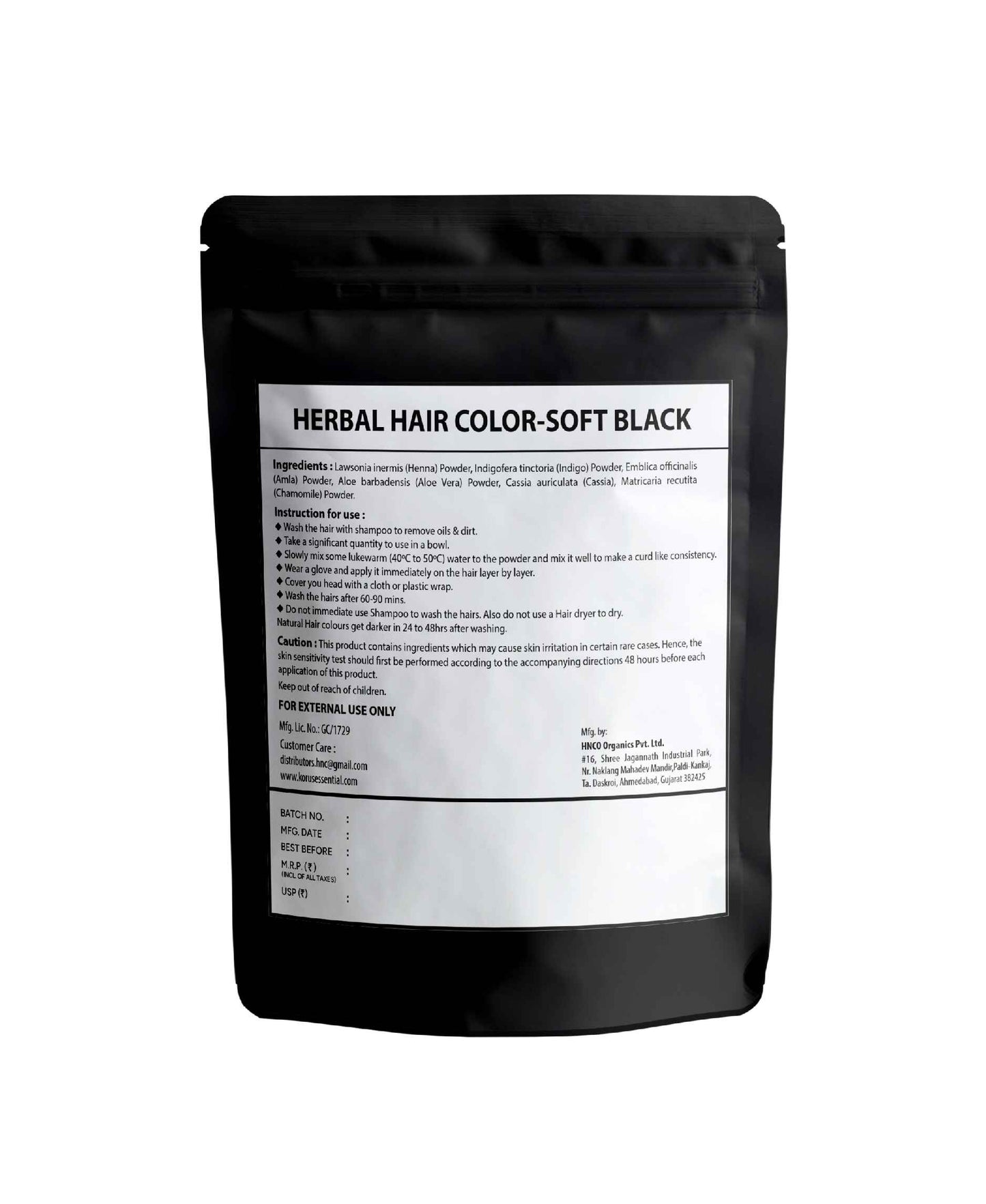 Korus Essential Herbal Hair Color (Soft Black) - 100g | with Henna, Amla, Aritha, etc. - HNW GLOBAL