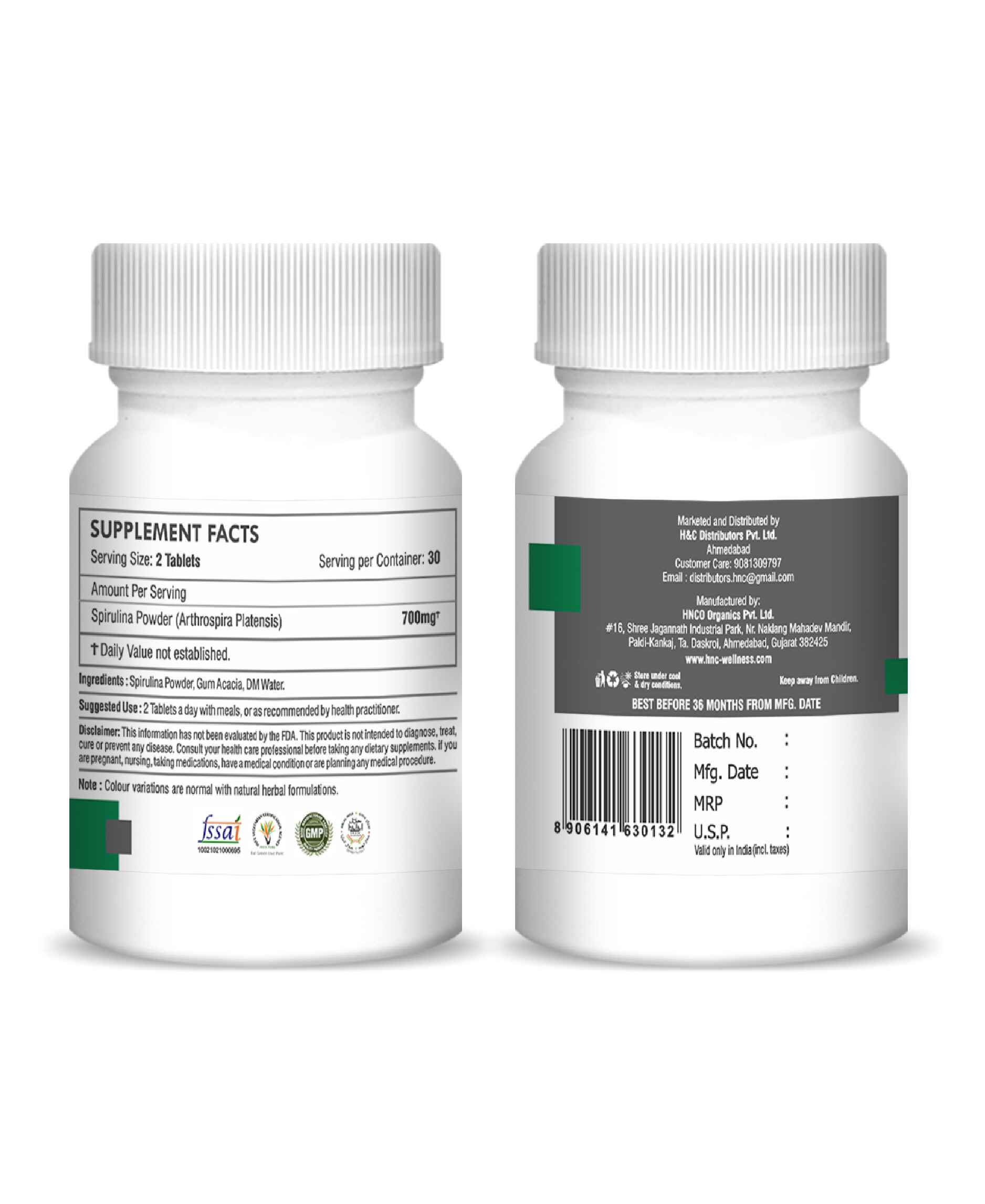 H&C Spirulina Tablet - 350mg , 60 Count - HNW GLOBAL