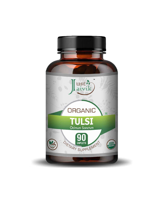 Just Jaivik Organic Tulsi Caplet - 750mg, 90 count - HNW GLOBAL
