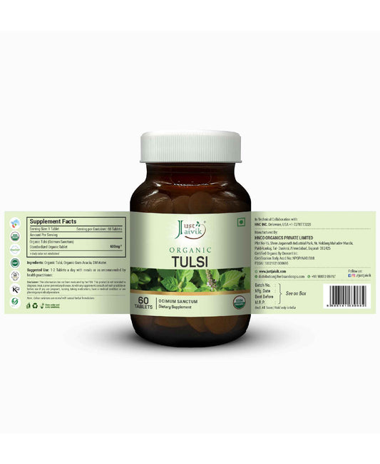 Just Jaivik Organic Tulsi Tablets - 600mg, 60 Tablets - HNW GLOBAL