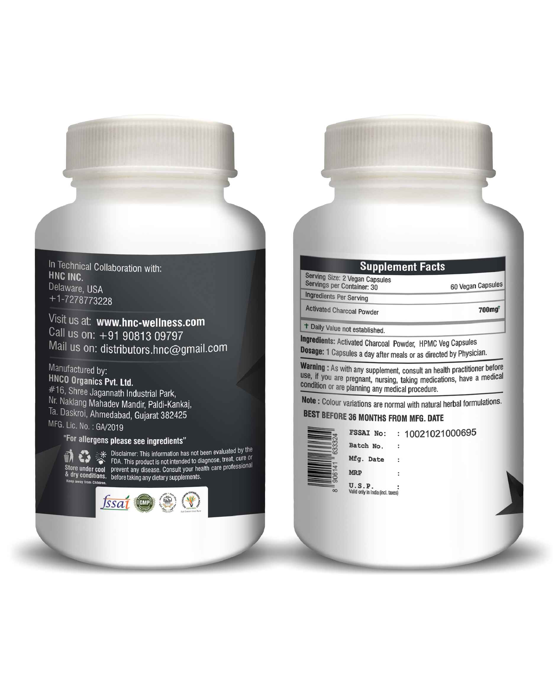 Two white supplement bottles with black labels on a white background