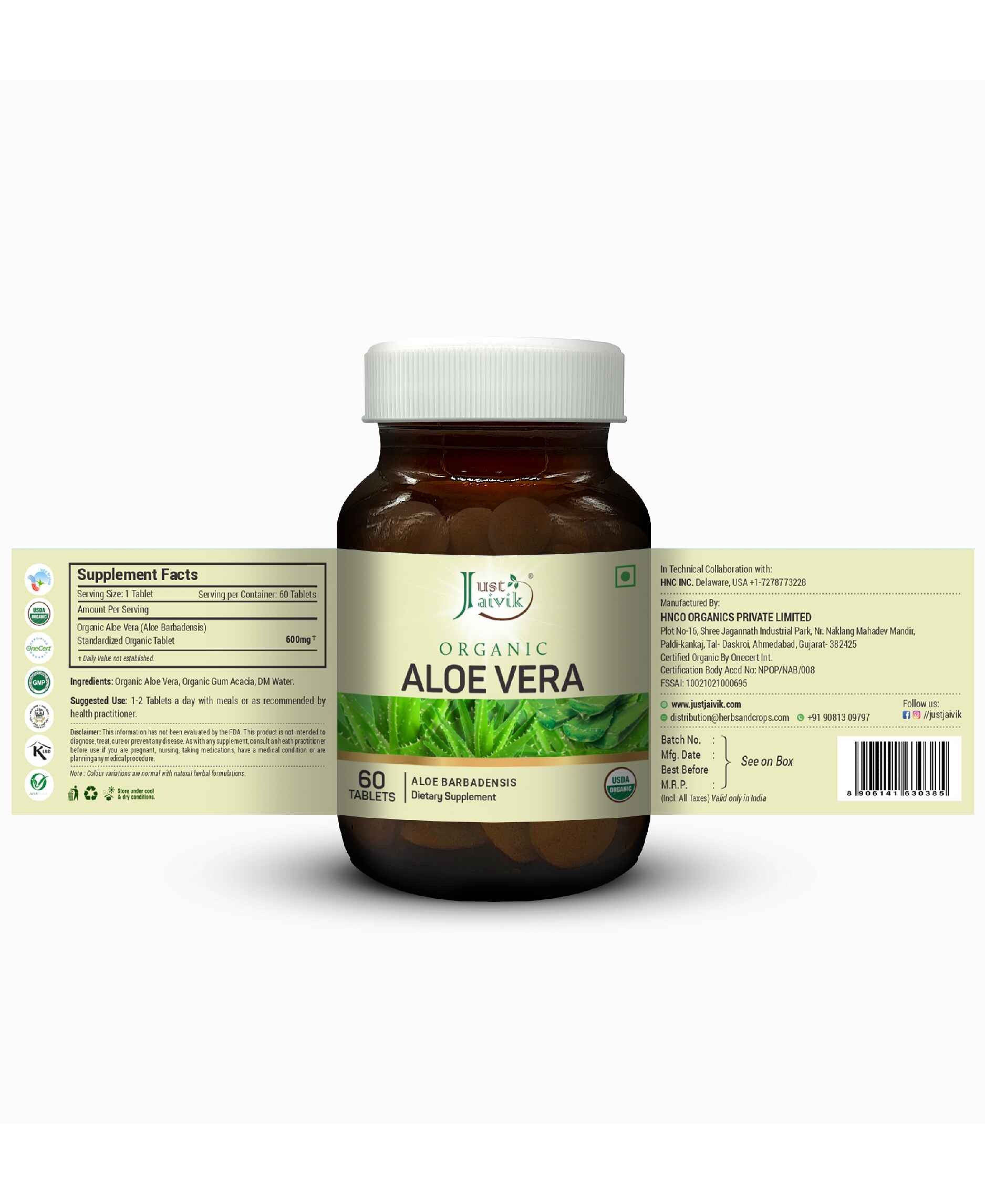 Just Jaivik Organic Aloe Vera Tablets - 600mg, 60 Tablets - HNW GLOBAL