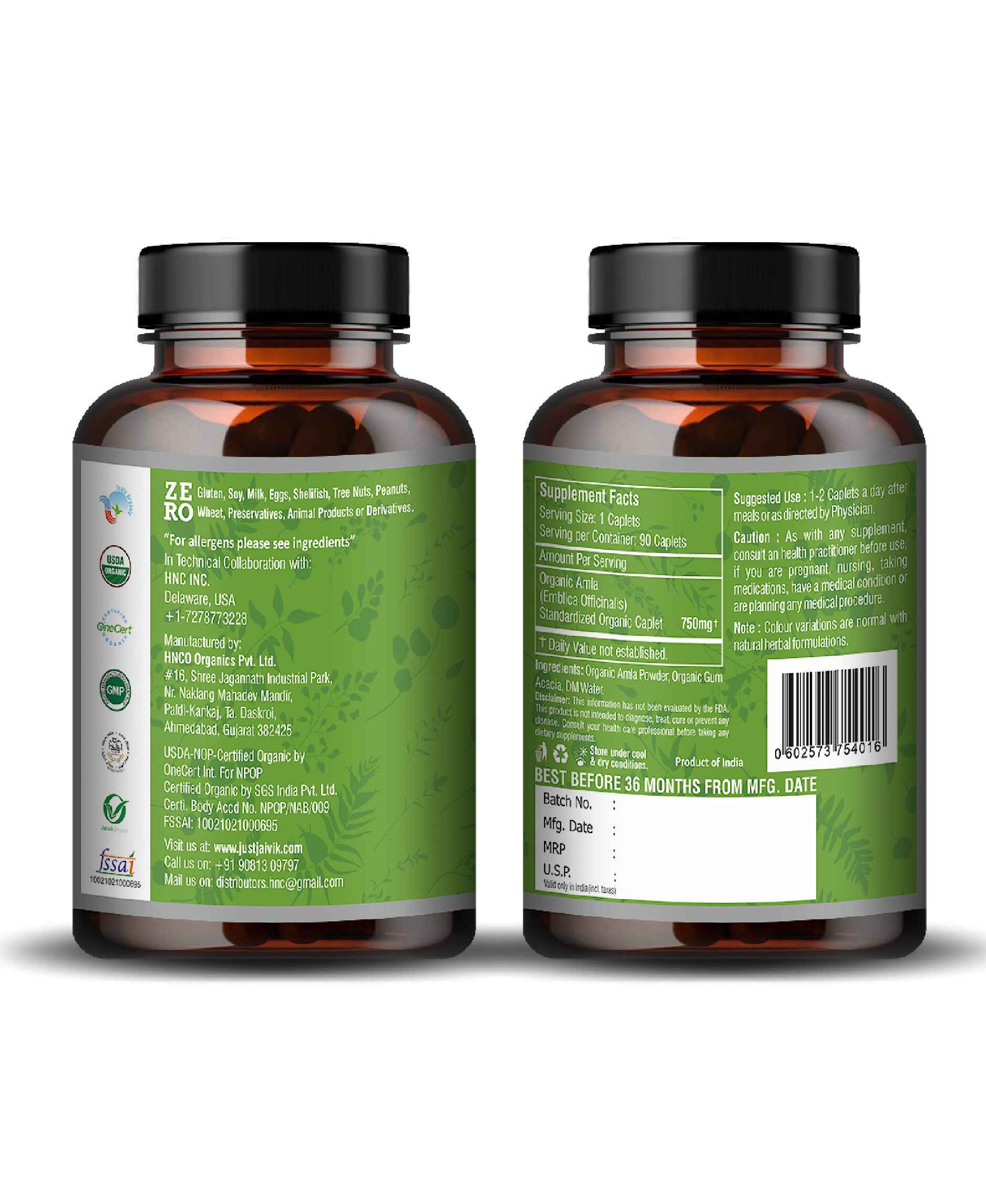 Just Jaivik Organic Amla Caplet - 750mg, 90 count - HNW GLOBAL