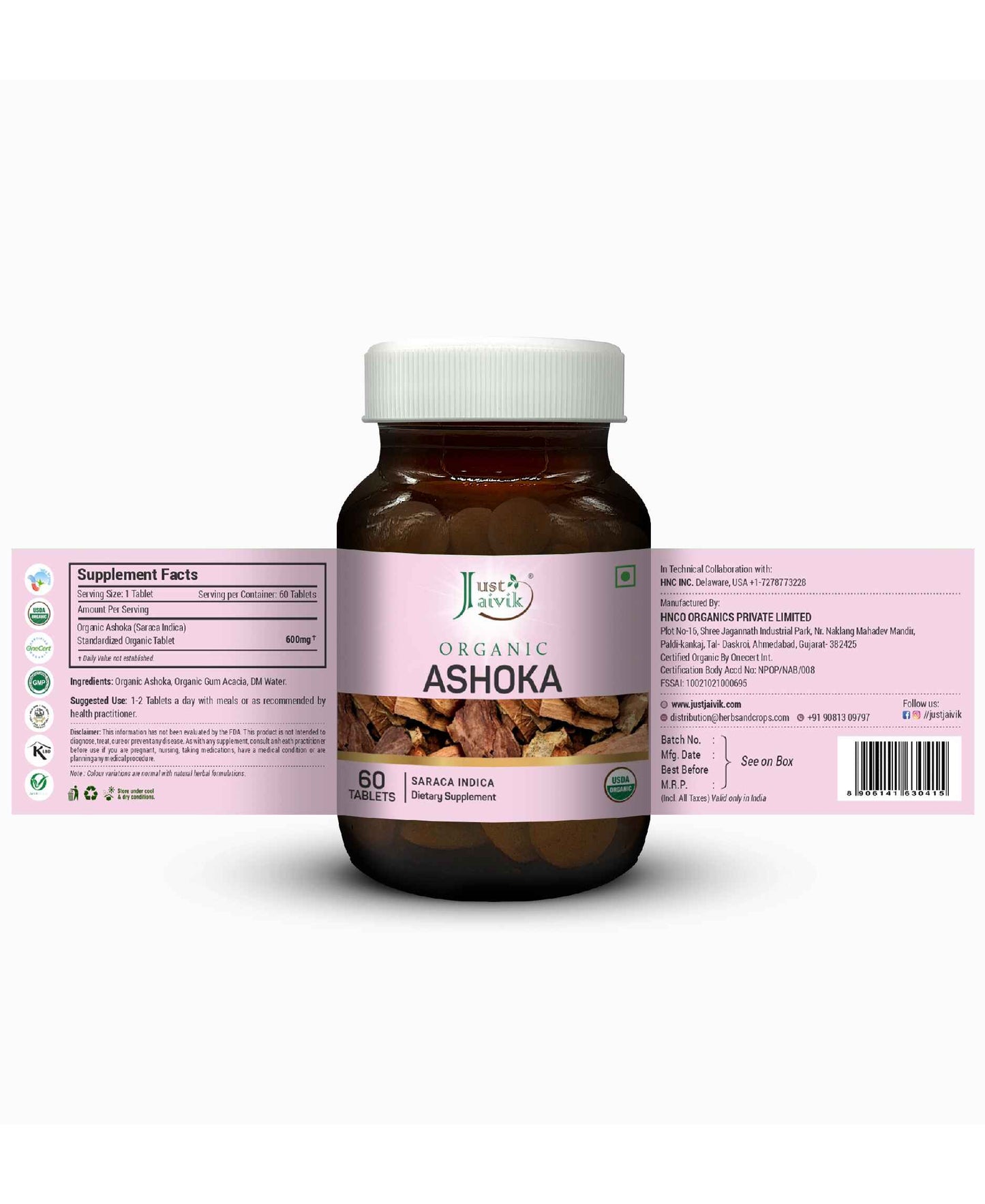 Just Jaivik Organic Ashoka Tablets - 600mg, 60 Tablets - HNW GLOBAL
