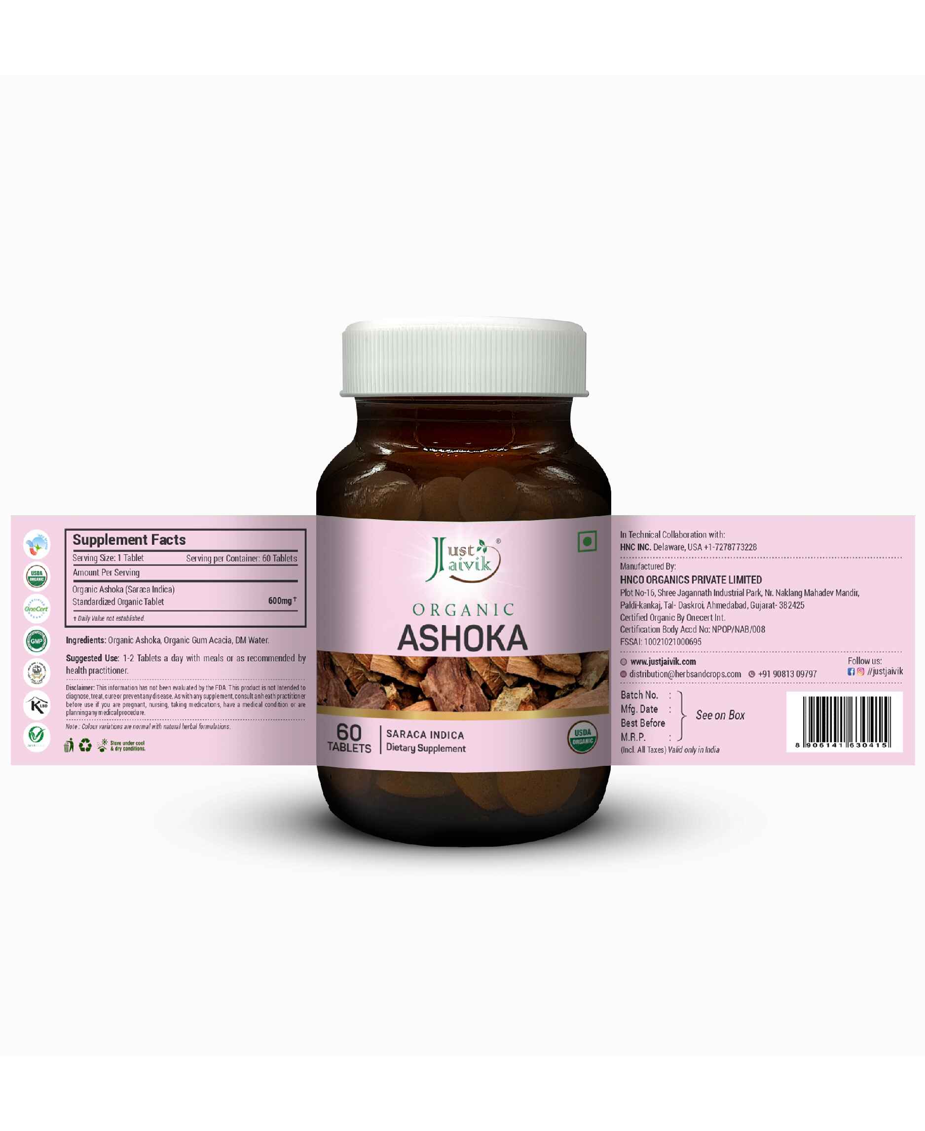 Just Jaivik Organic Ashoka Tablets - 600mg, 60 Tablets - HNW GLOBAL