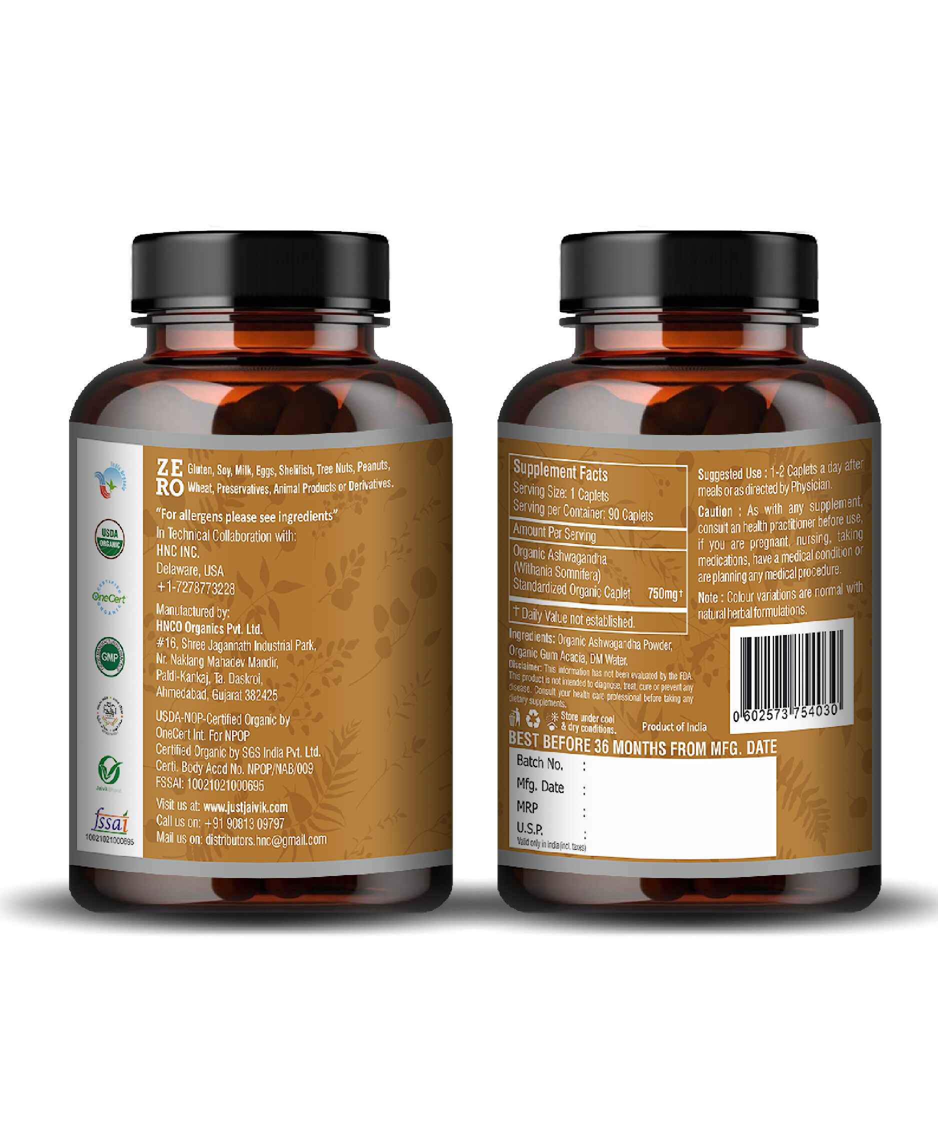 Just Jaivik Organic Ashwagandha Caplet - 750mg, 90 count - HNW GLOBAL