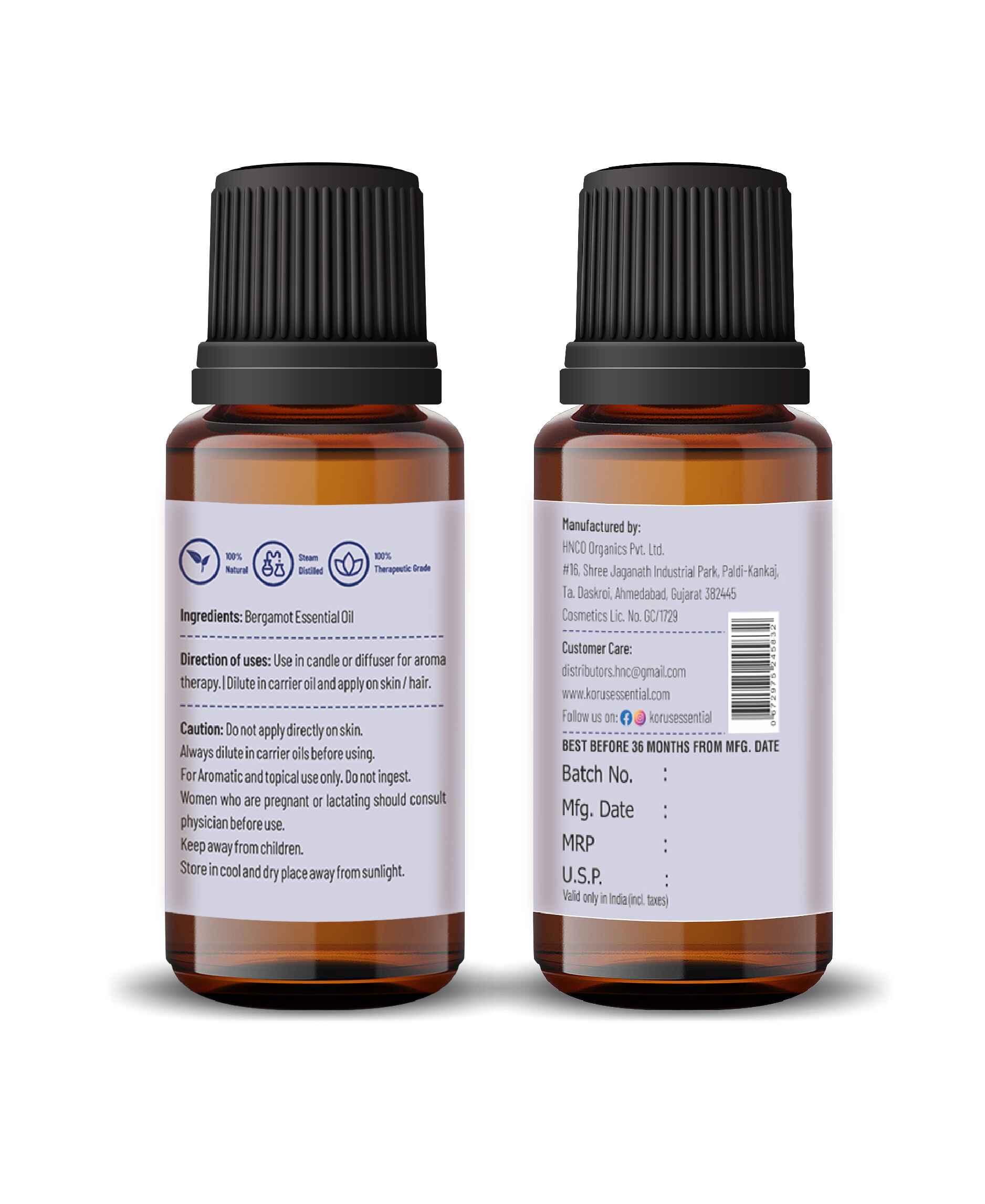Korus Essential Bergamot Essential Oil - 15ml - HNW GLOBAL
