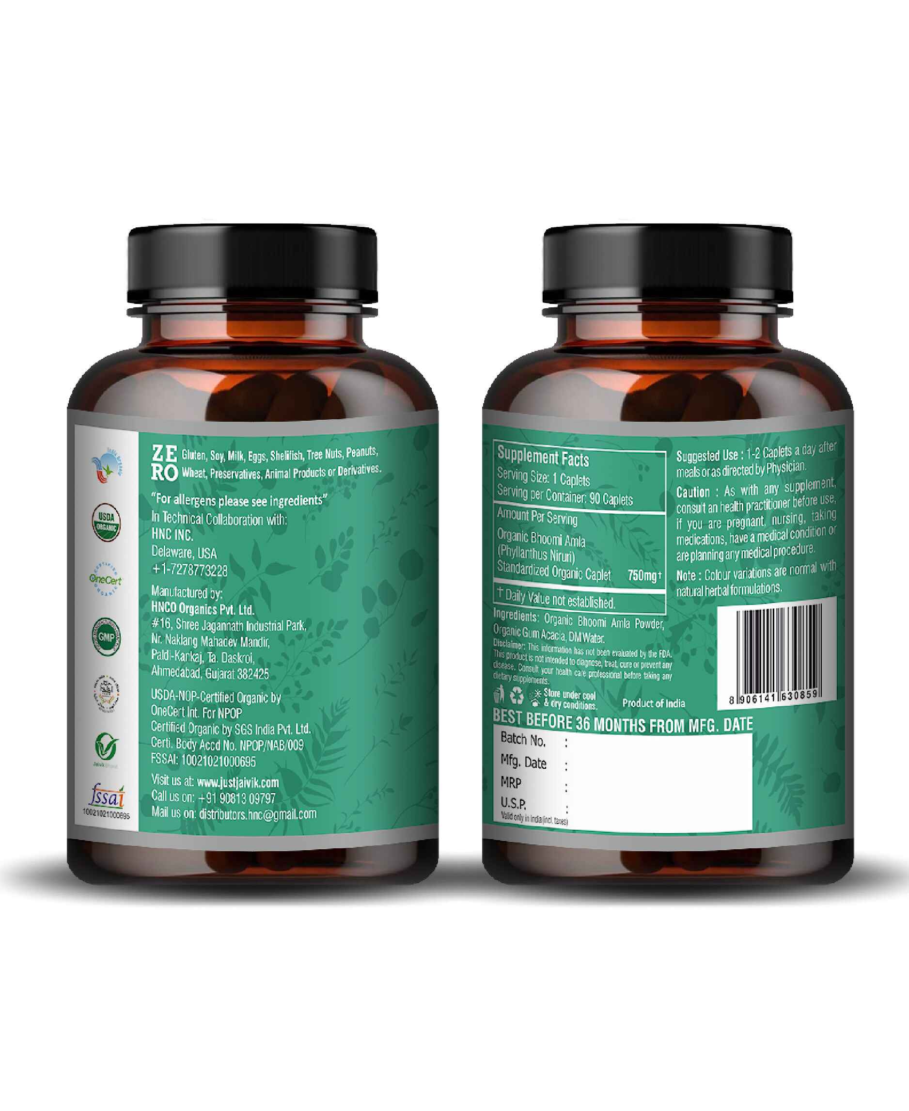 Just Jaivik Organic Bhoomi Amla Caplet - 750mg, 90 count - HNW GLOBAL