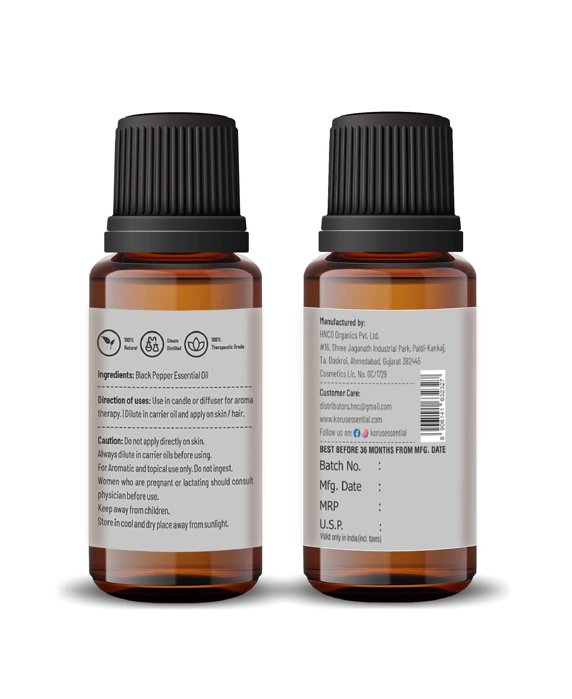 Korus Essential Black Pepper Essential Oil - 15ml - HNW GLOBAL