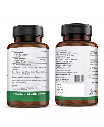H&C Boswellia Serrata 500mg Capsules | High Strength 5:1 Extract (2500mg Equivalent) | 65% Standardised Boswellic Acid | 180 Veg. Capsules - HNW GLOBAL