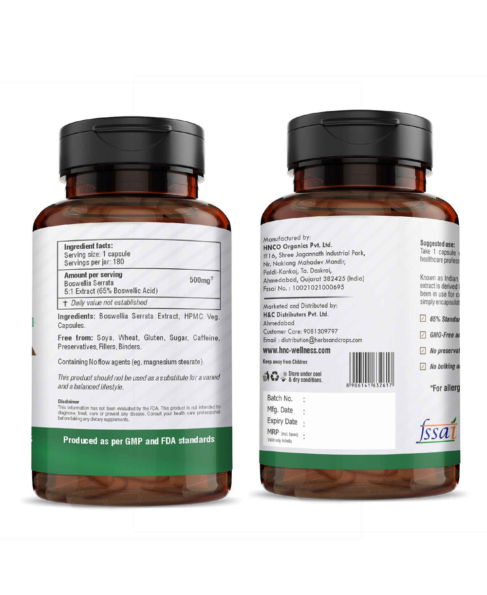 H&C Boswellia Serrata 500mg Capsules | High Strength 5:1 Extract (2500mg Equivalent) | 65% Standardised Boswellic Acid | 180 Veg. Capsules - HNW GLOBAL