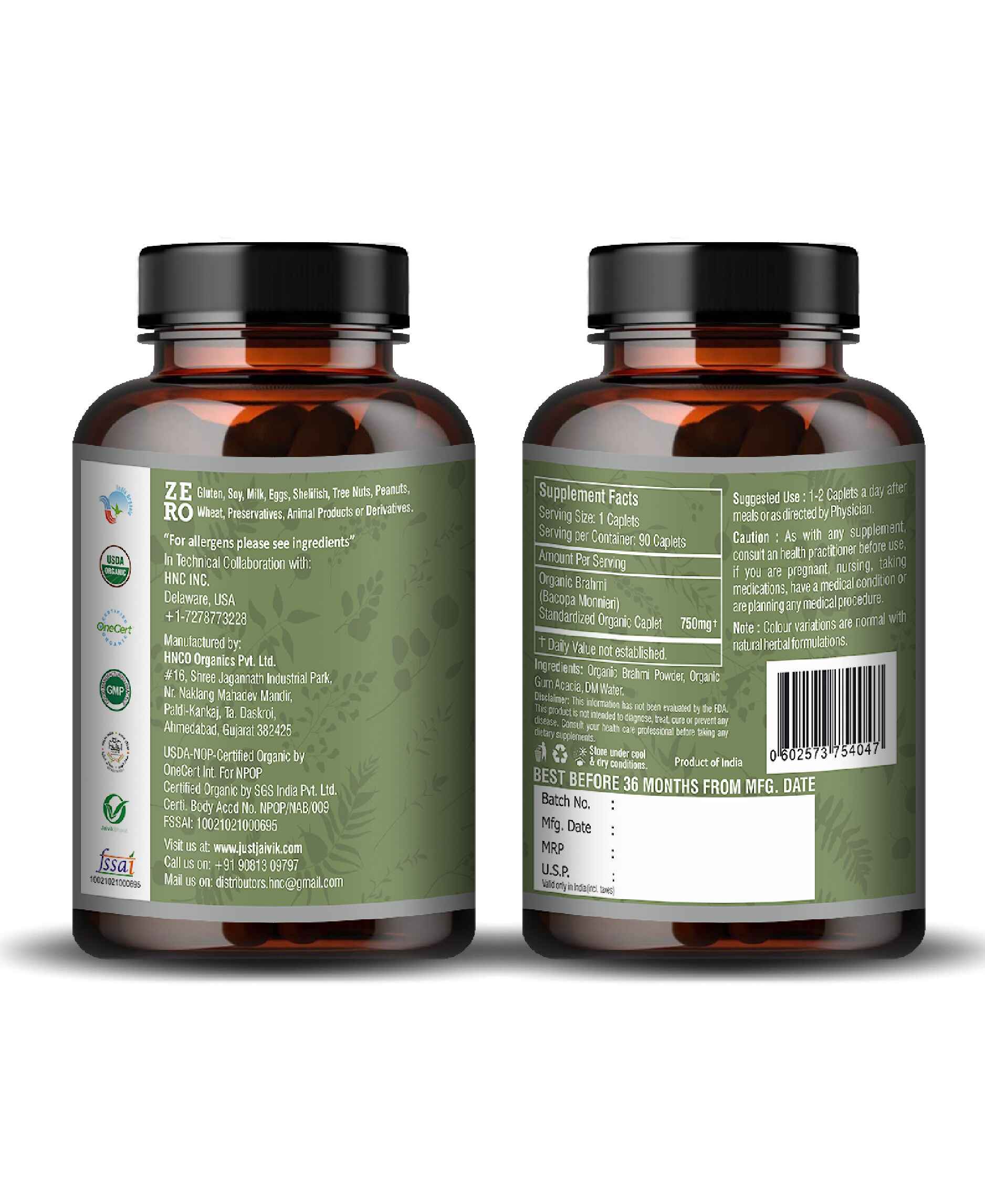 Just Jaivik Organic Brahmi Caplet - 750mg, 90 count - HNW GLOBAL