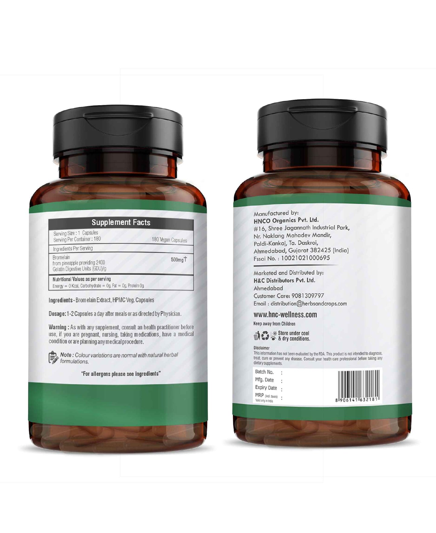 H&C Bromelain Veg. Capsules 500 mg (2400 GDU/g) - 180 Capsules from Pineapple Extract - HNW GLOBAL