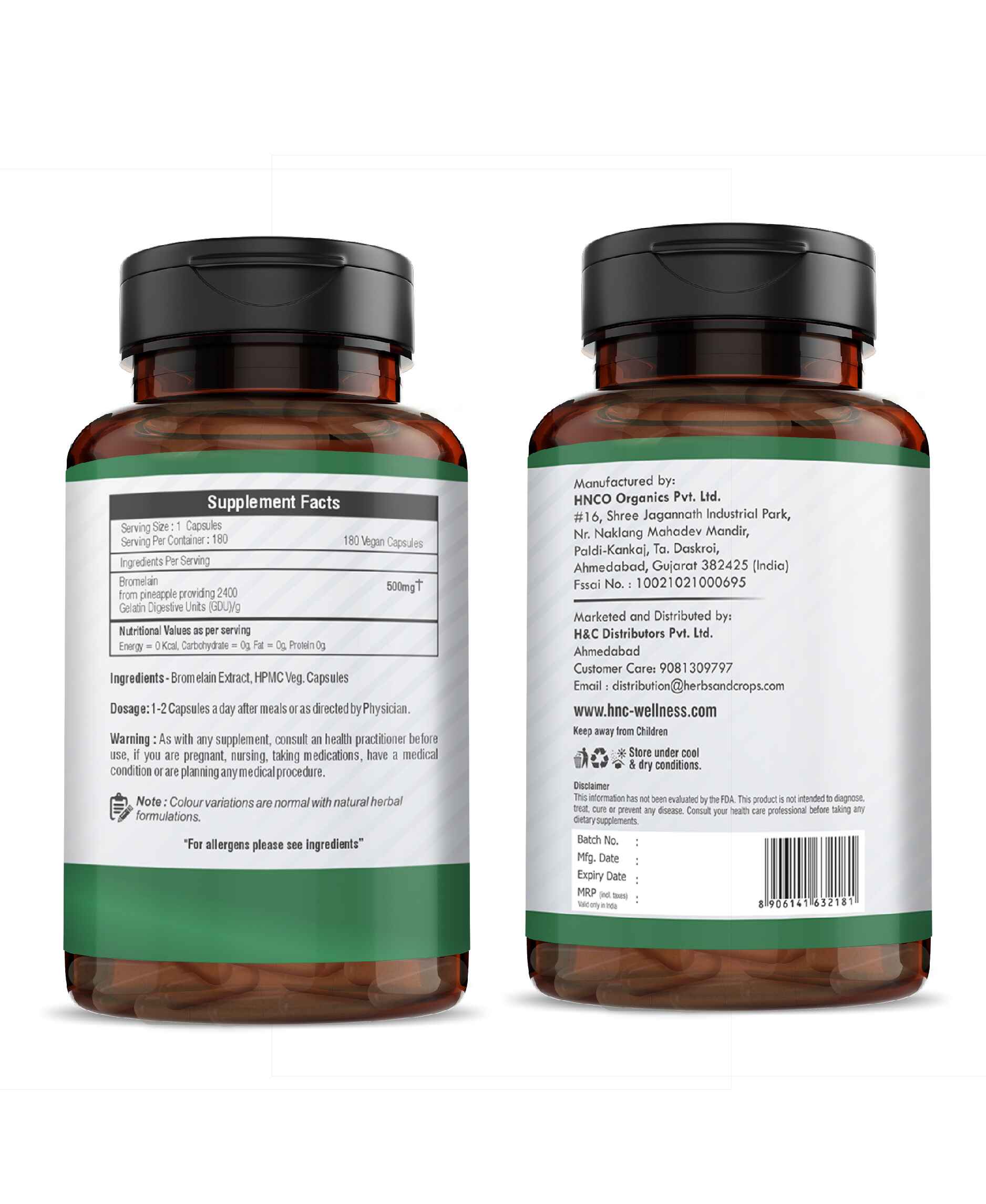 H&C Bromelain Veg. Capsules 500 mg (2400 GDU/g) - 180 Capsules from Pineapple Extract - HNW GLOBAL