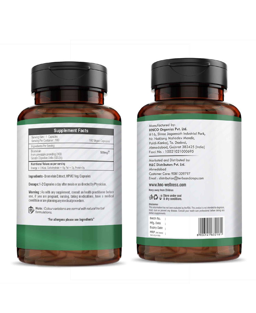 H&C Bromelain Veg. Capsules 500 mg (2400 GDU/g) - 180 Capsules from Pineapple Extract - HNW GLOBAL