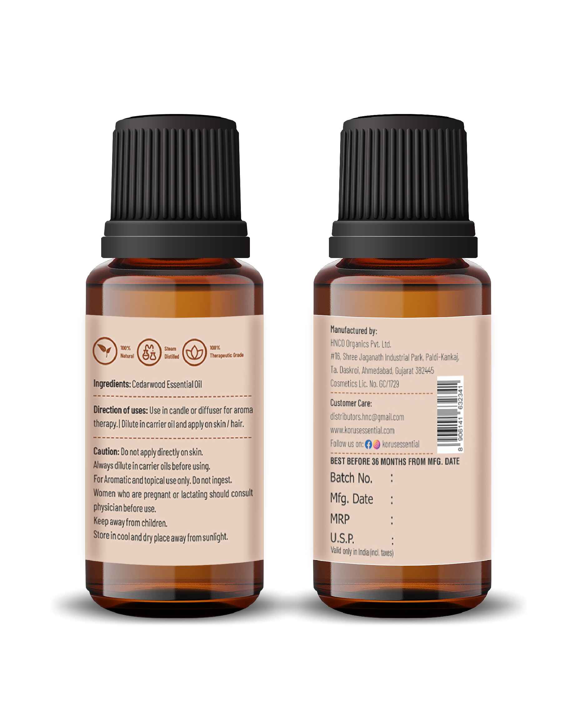 Korus Essential Cedarwood Essential Oil - 15ml - HNW GLOBAL