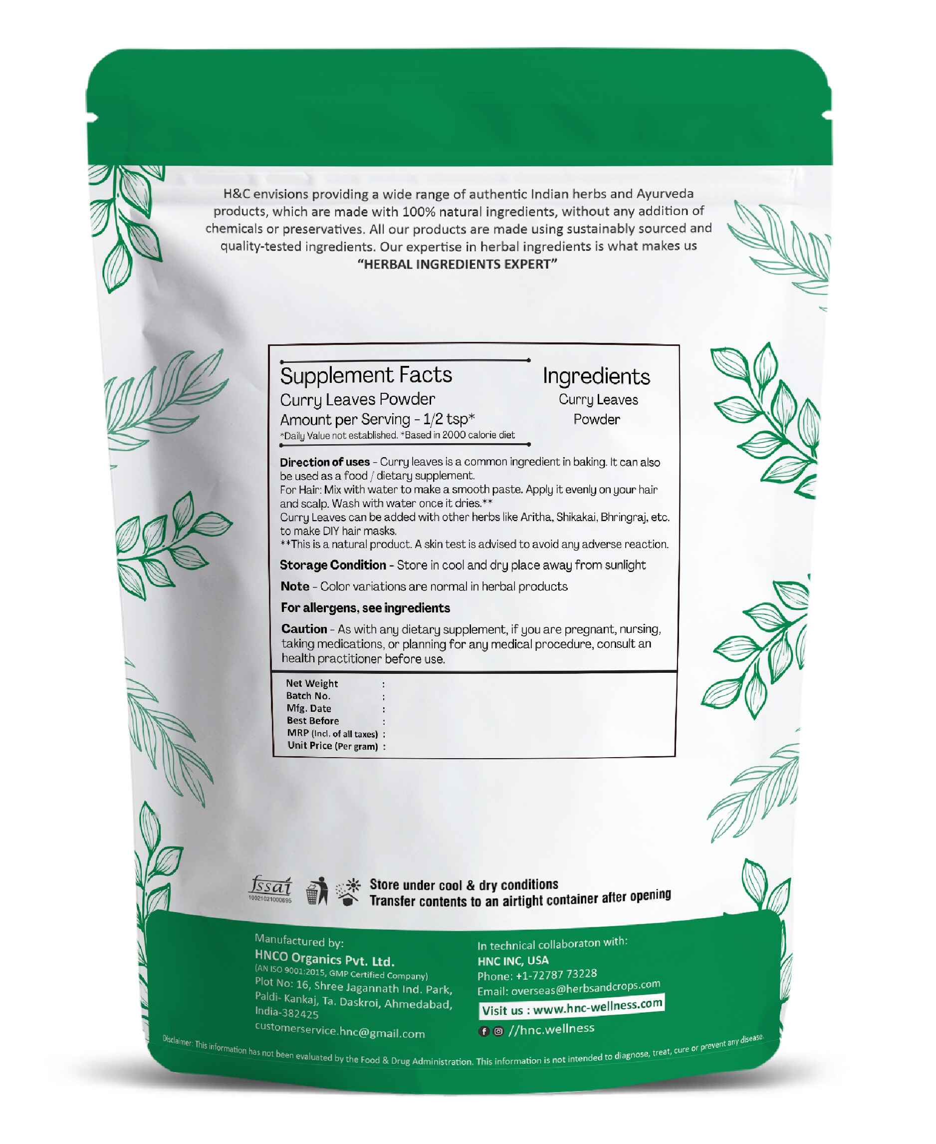 H&C Natural Curry Leaves Powder - 100gm - HNW GLOBAL