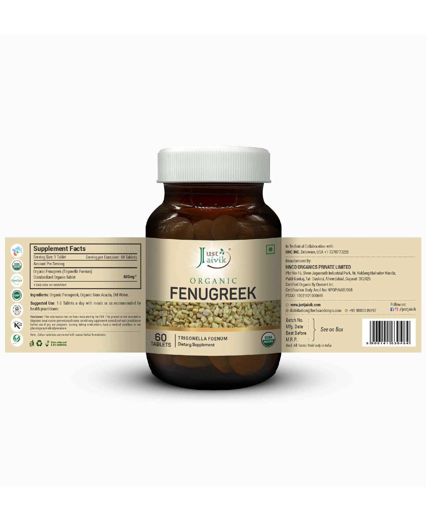Just Jaivik Organic Fenugreek Tablets - 600mg, 60 Tablets - HNW GLOBAL