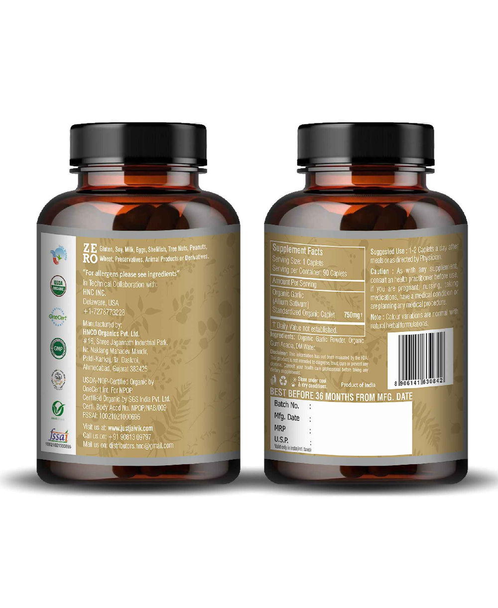 Just Jaivik Organic Garlic Caplet - 750mg, 90 count - HNW GLOBAL